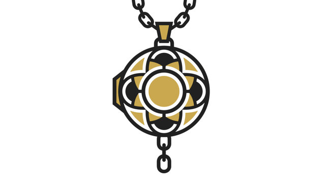 Ornate vintage locket pendant with chain and geometric design.