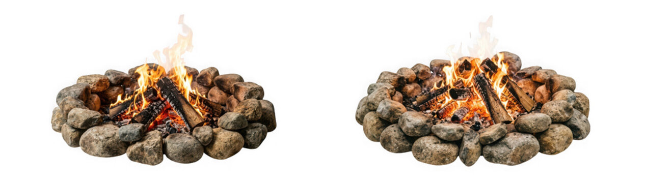 Natural stone fire pit with burning wood logs isolated on transparent background