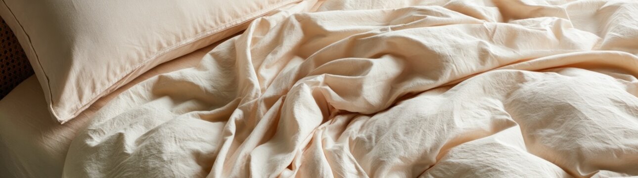 Soft, wrinkled peach and cream bedding with a pillow in the corner
