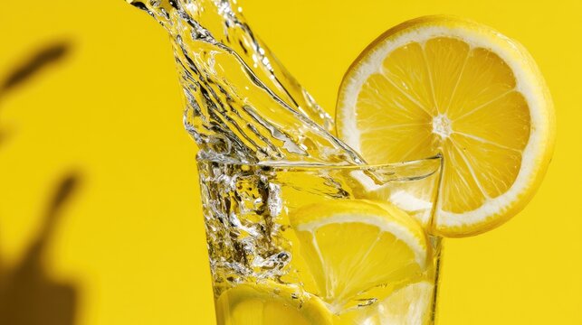 Water splashes into a glass with lemon slices, creating a refreshing, vibrant drink
