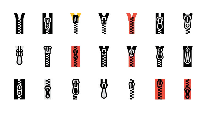 Set of various zipper designs in flat style for fashion and textile