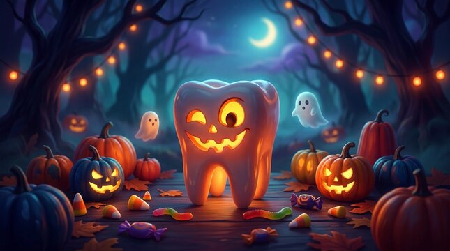 Tooth lantern with carved face stands outdoors surrounded by halloween pumpkins and candy. Spooky forest background with ghost and moon illustration. Dental health holiday concept