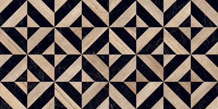 Geometric marble floor pattern, luxury black and beige stone tile texture, elegant parquet mosaic with triangular shapes and natural grain