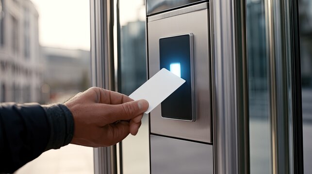 Hand holding blank card to access electronic gate with glowing blue light