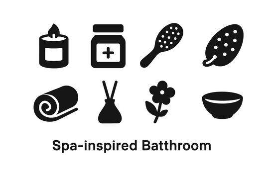 Spa-Inspired Icon Set. Spa-Inspired Bathroom. Filled icon set of Spa-Inspired Bathroom: candle jar, bath salt
