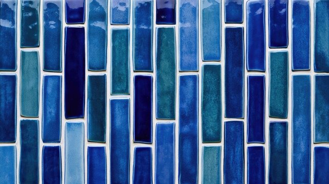 Vibrant blue, teal, and indigo rectangular mosaic tiles form a cool, shimmering, textured wall