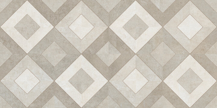 Geometric stone floor tile pattern, beige marble mosaic texture, decorative ceramic wall surface with diamond shapes, architectural interior finish