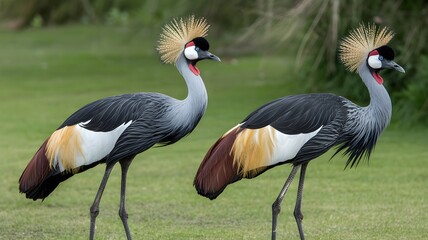 Naklejka premium Two black and white crowned cranes standing in green grass