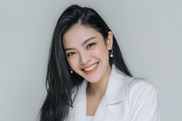 Fototapeta premium Elegant Asian executive woman smiling in professional studio portrait wearing a light blazer against clean neutral background suitable for corporate branding.