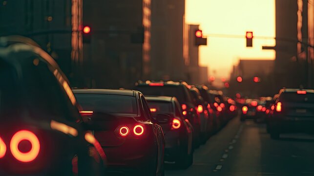 Cars halted in traffic, tails lights glowing red in urban sunset