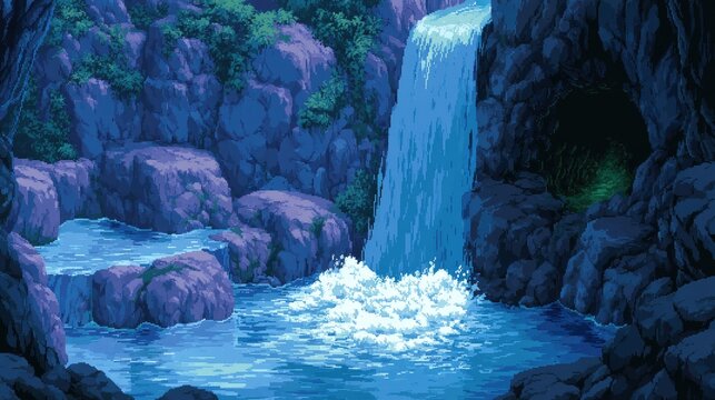Lush, dark cavern with a cascading waterfall pouring into a bright, churning pool