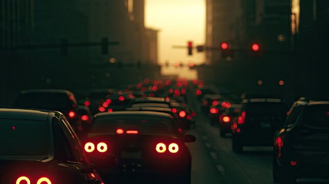 Cars stuck in traffic on a city street at sunset, taillights glowing