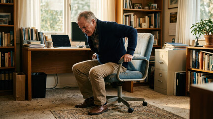 Fototapeta premium Senior man standing up struggle office chair back pain home office elder man struggling to stand up from office chair home office, gripping armrest with discomfort, health concept, warm daylight