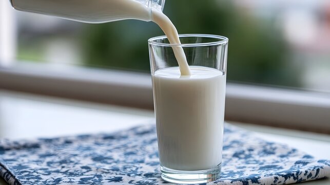 A stream of fresh white milk is poured into a clear glass creating a scene of smooth hyd n and natural refreshment