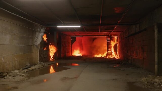 Dangerous Fire Spreading in Abandoned Industrial Basement.