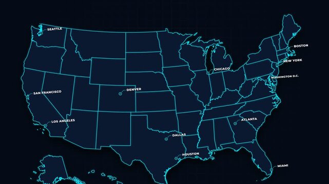 4K Dark Mode United States Map Animation, 3D Glowing Cyber Infographic Business Hubs
