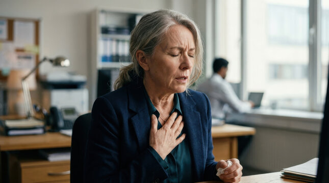 Panic attack anxiety stress businesswoman office breathing Mature businesswoman experiencing panic attack office desk, eyes closed with hand chest, practicing breathing for anxiety relief during