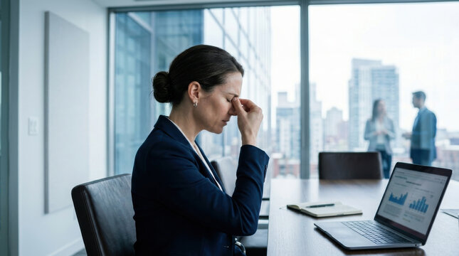 Businesswoman office headache stress fatigue pinching nose meeting room laptop analytics burnout Businesswoman office meeting room, pinching nose with headache and stress, fatigue during workday