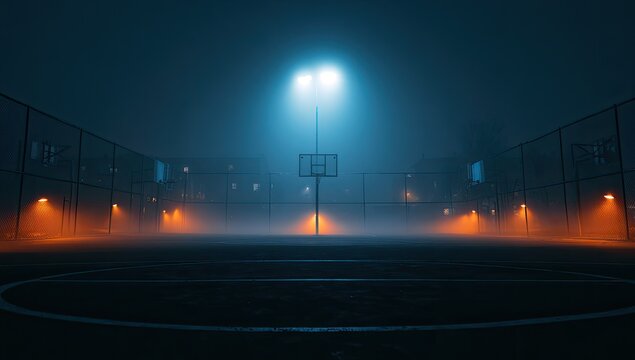 Misty basketball court illuminated by stadium lights and orange lamps