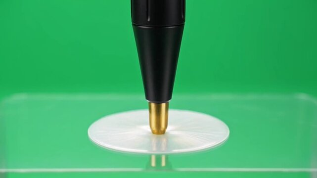 Macro shot of a black ballpoint pen tip touching a glass surface on a green background.