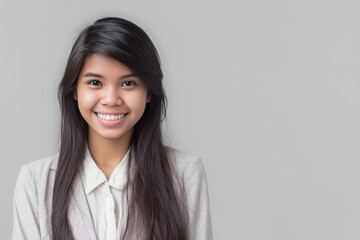 Fototapeta premium Elegant Asian executive woman smiling in professional studio portrait wearing a light blazer against clean neutral background suitable for corporate branding.