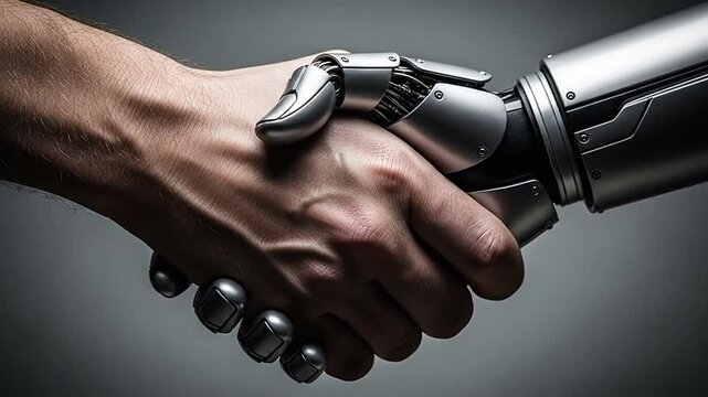 Human hand shaking robotic hand.