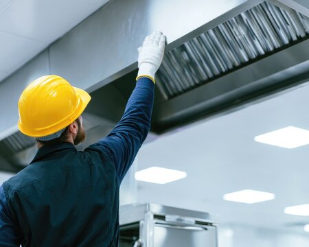 Worker wearing hard hat inspects commercial kitchen ventilation hood