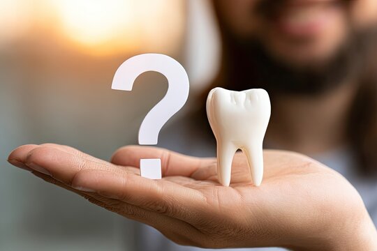 A hand holds a white molar next to a question mark, suggesting dental uncertainty