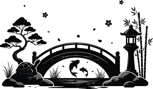 Isolated on Black silhoutte Traditional Japanese garden with a stone bridge over a koi pond and a turtle resting on a rock vector art on white background
