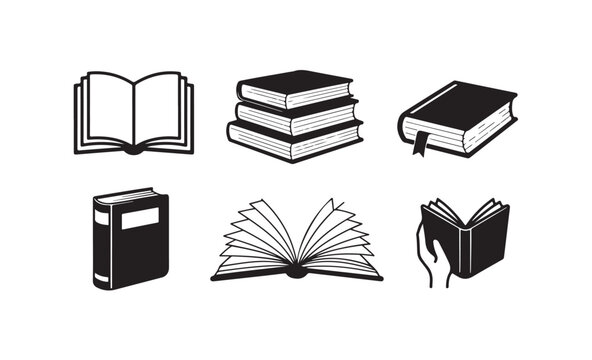Perspective book illustrations showing various angles for library catalog and reading theme.