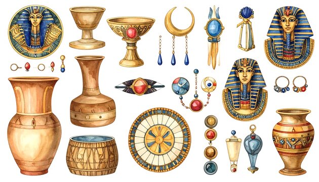 Collection of stylized Ancient Egyptian artifacts, including golden masks, urns, and jewelry set on white