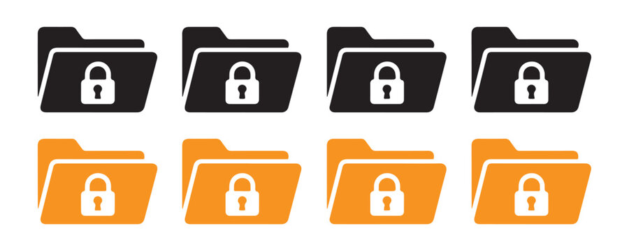 Flat folder icons set showing locked directories for secure storage of sensitive digital files and data safety.