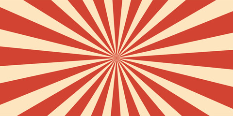 Retro red background with vintage circus sunburst. Psychedelic colorful swirl poster, abstract pattern in 70s carnival style. Hypnotic sunburst vector illustration. © Nurulqamariyahelroma