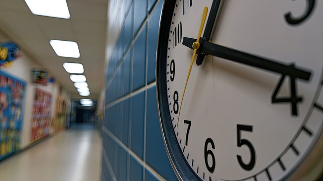Close-up of a wall clock in a tiled hallway, focusing on time