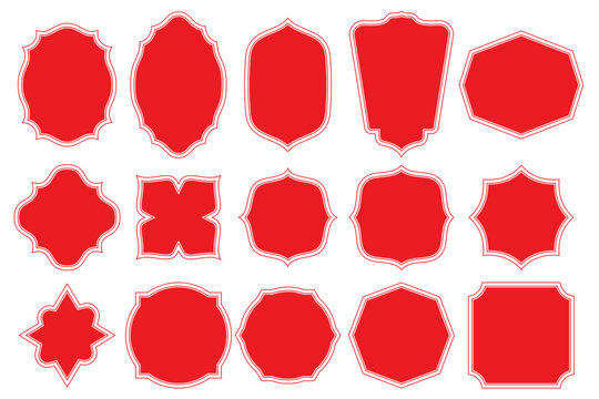 Collection of Red Decorative Labels: A set of assorted red decorative labels with varying ornate shapes, isolated on a plain background, perfect for adding a vintage touch to designs.