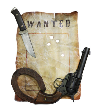 wanted poster with old west revolver horseshoe and knife isolated on transparent background