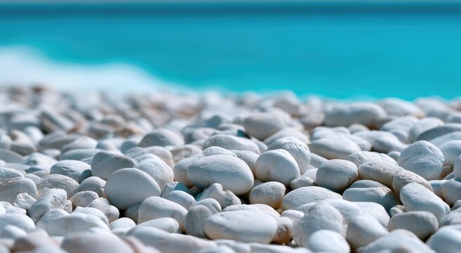 Close-up of smooth white pebbles on a beach, with blurred turquoise water in background