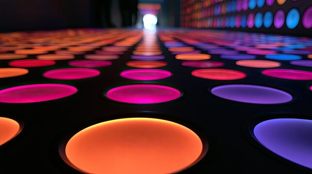 Illuminated colorful circles on a dance floor, leading to a bright, distant exit