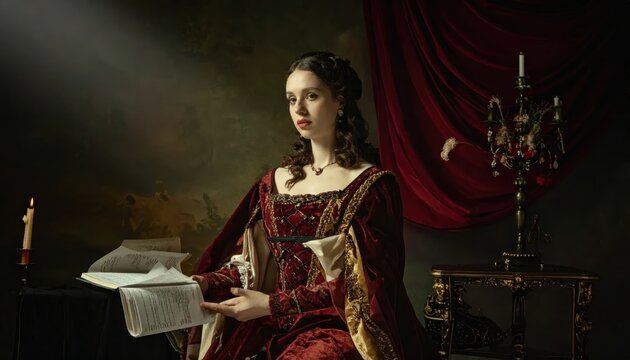 Renaissance Woman Reading a Letter in Dramatic Lighting.