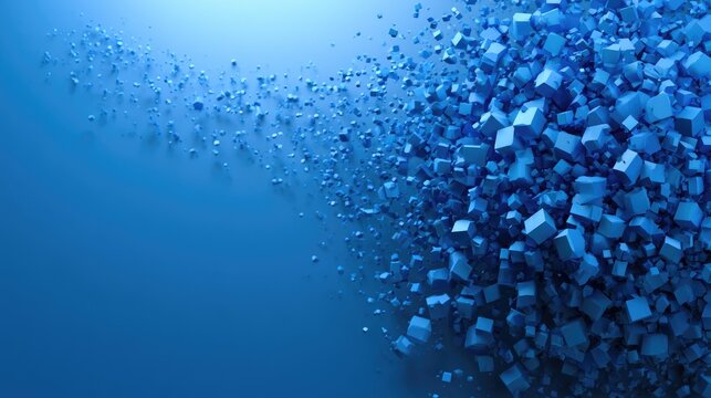 A cascade of blue cubes flows and clusters on a gradient blue background