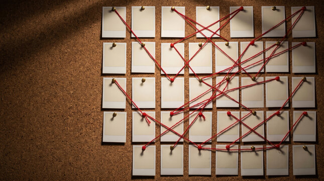 Investigative cork board with blank polaroid style frames and red string web connections.