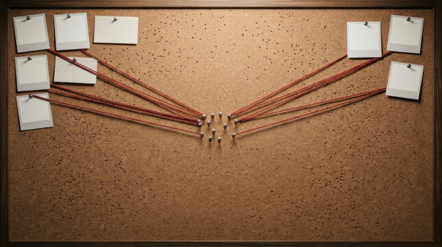 Conspiracy theory board with numerous photos and red string connecting information points.
