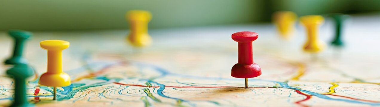 Map with multiple colored pins marking various locations