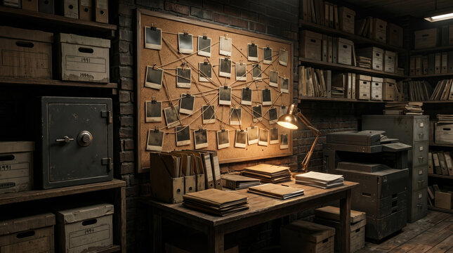 Vintage detective board with photos and string in dimly lit office with archival files.