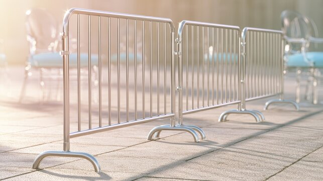 Metal barricades lined up on pavement, with chairs blurred in background