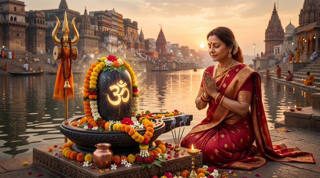 Shravan Month Shiva Lingam Worship by Devotee Woman at Sacred River Ghat During Sunrise Prayer