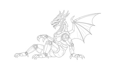 Fototapeta premium Mechanical Dragon Robot Drawing, Futuristic Fantasy Creature, Sci-Fi Art