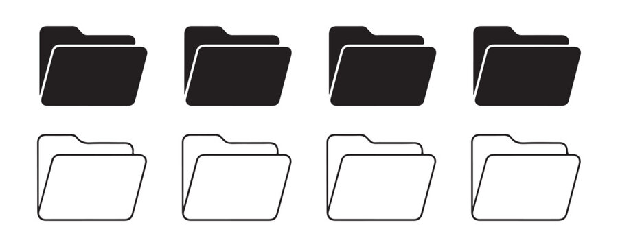 Set of black file folders representing storage icons with outlined and filled design for computer user interfaces.