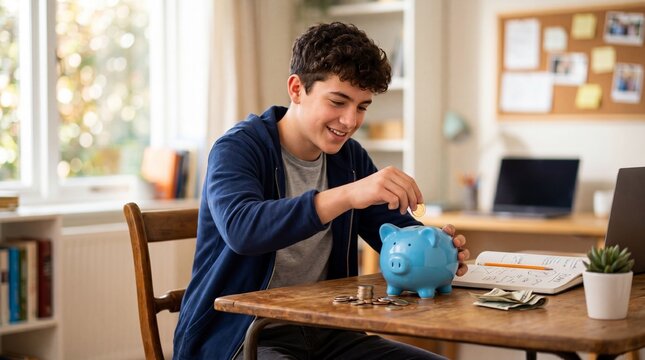 Young boy putting coin into piggy bank at wooden desk. Child learning financial literacy and entrepreneurship. Concept of saving money, student wealth management and personal budget planning