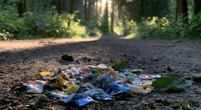 Colorful litter pollutes a sun-dappled forest path, marring nature